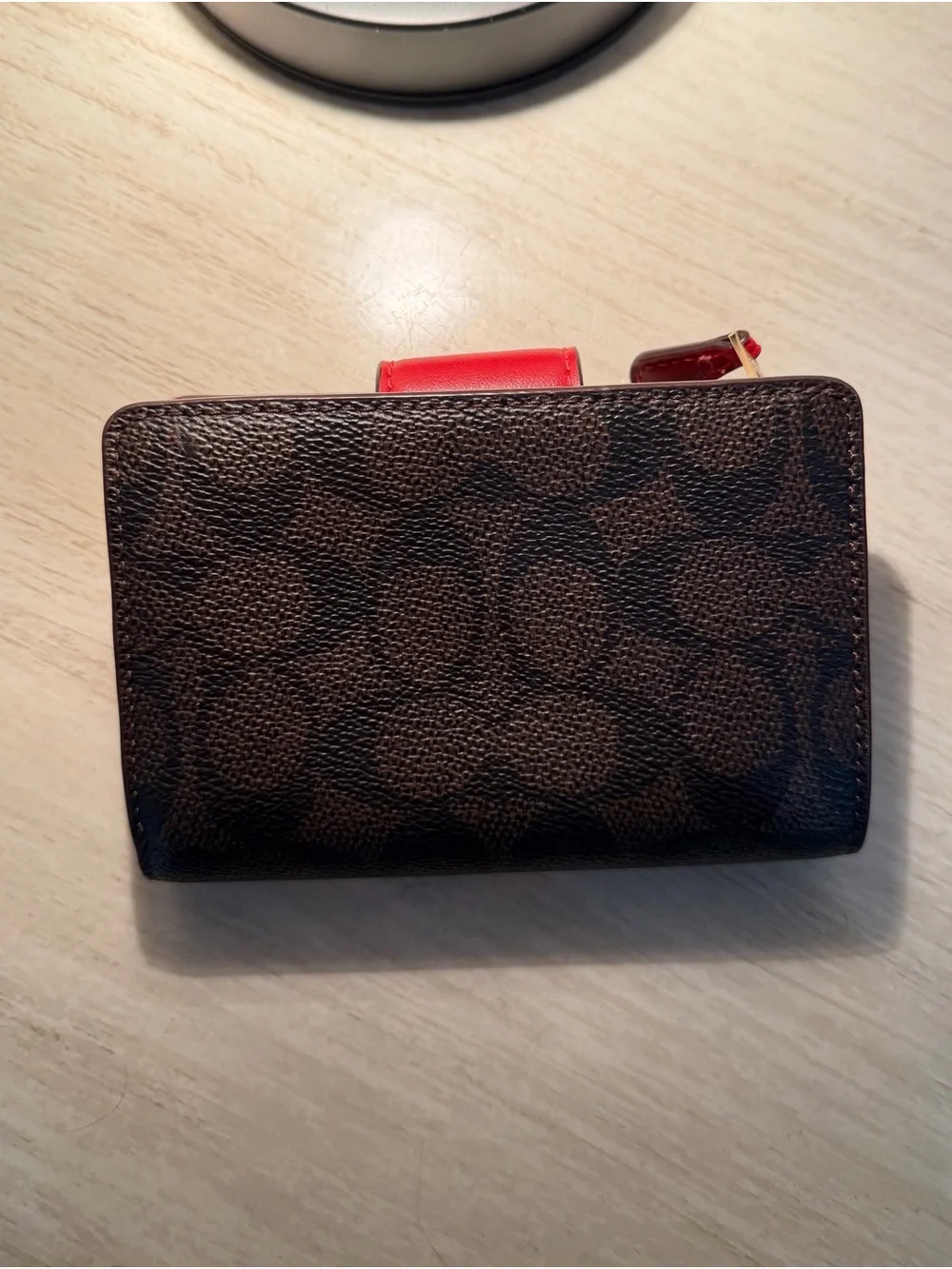 COACH Brown Signature Canvas Wallet with Red Accent